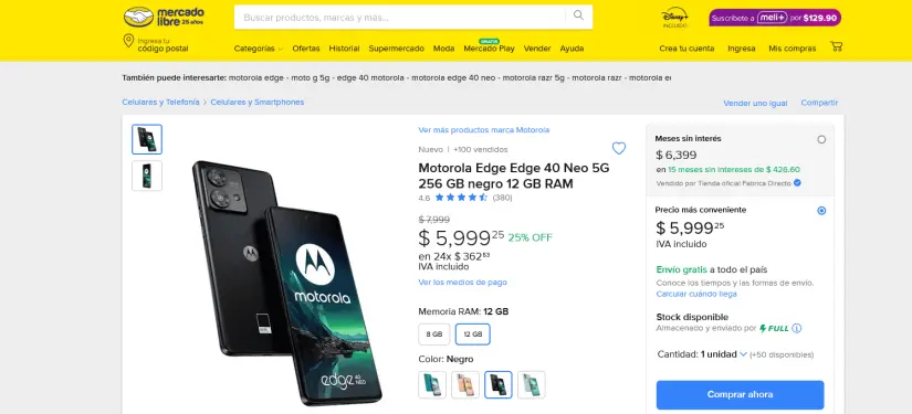 El precio de oferta que tiene el Motorola Edge 40 Neo en Mercado Libre.