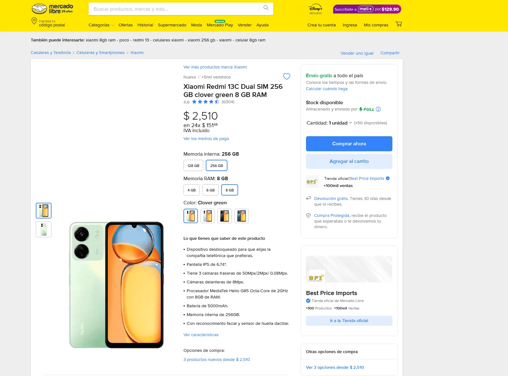 Precio del Xiaomi Redmi 13C en Mercado Libre. Foto: Captura de pantalla