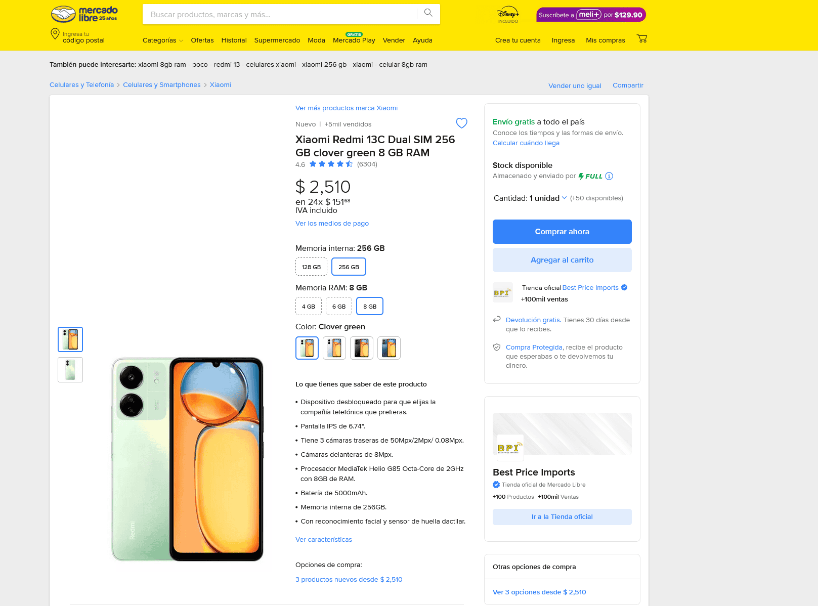 Precio del Xiaomi Redmi 13C en Mercado Libre. Foto: Captura de pantalla