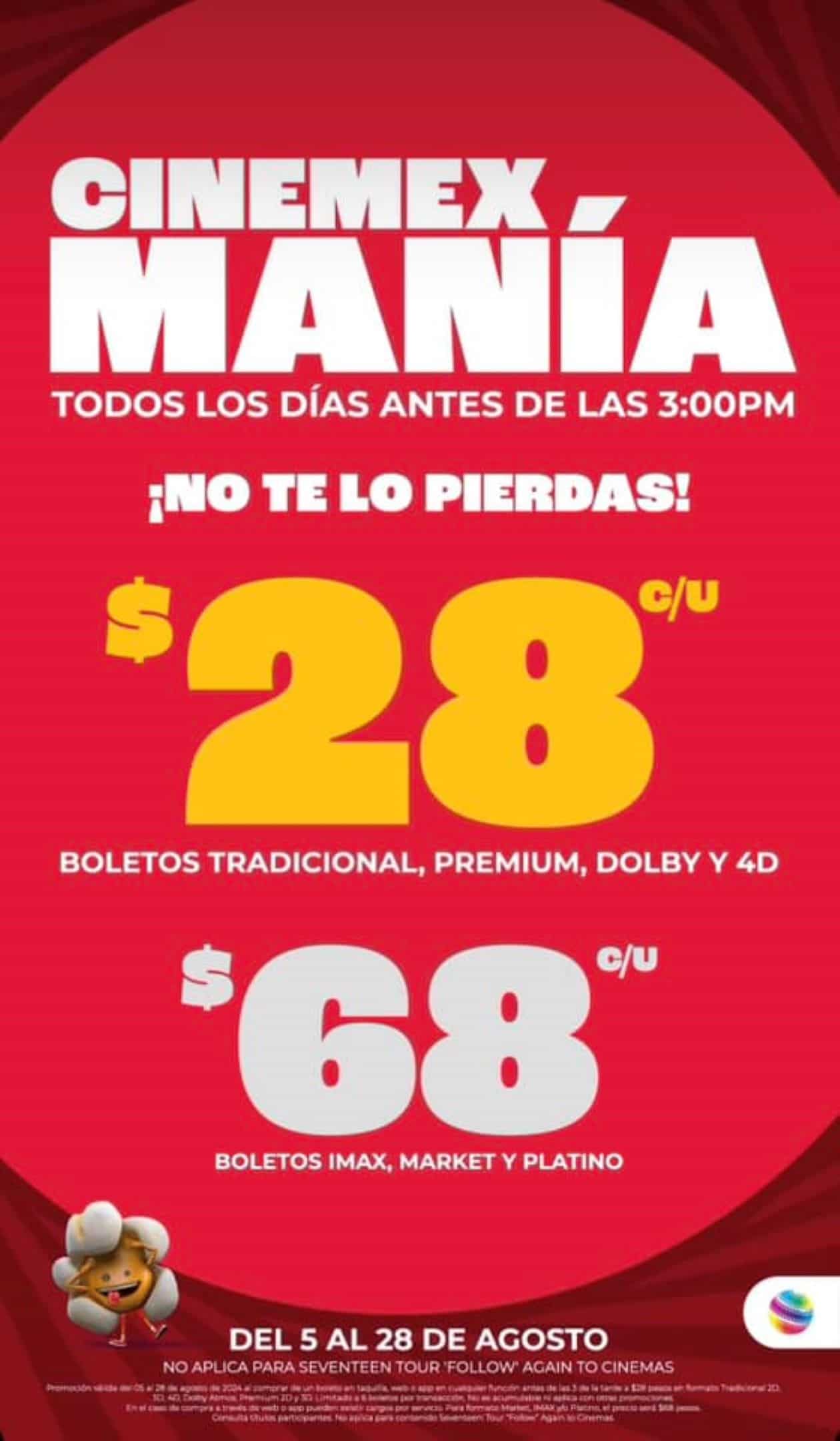 Boletos a 28 pesos en Cinemex. Foto: Cortesía