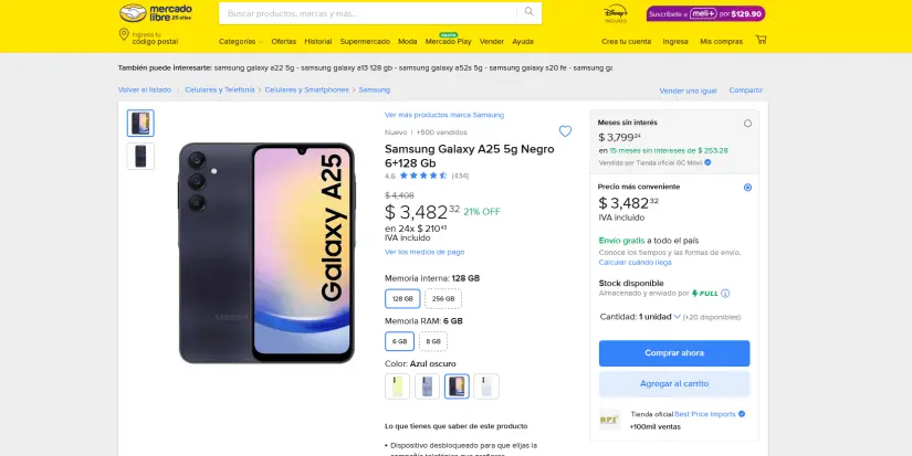 Se encuentra en oferta en Mercado Libre, el smartphone Samsung Galaxy A25.