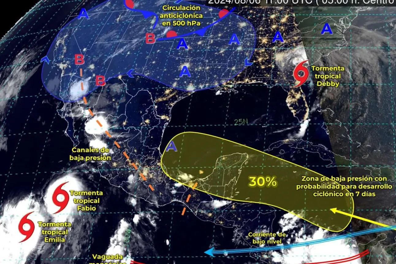 La tormenta tropical Fabio se localizará al sur-suroeste de las costas de Baja California Sur.