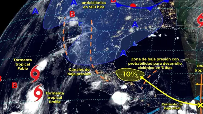 Clima en México. Esto ocasionará el efecto Fujiwhara a causa de la proximidad de las tormentas tropicales Fabio y Emilia.