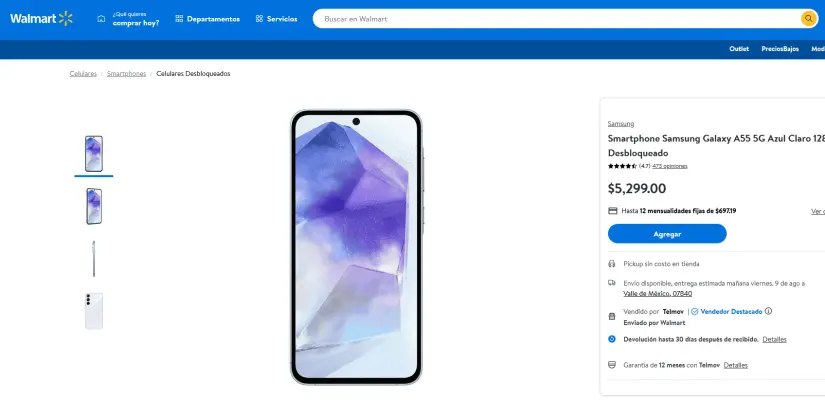 El precio del smartphone Samsung Galaxy A55 en Walmart El precio del smartphone Samsung Galaxy A55 en Walmart. Foto: Captura de pantalla