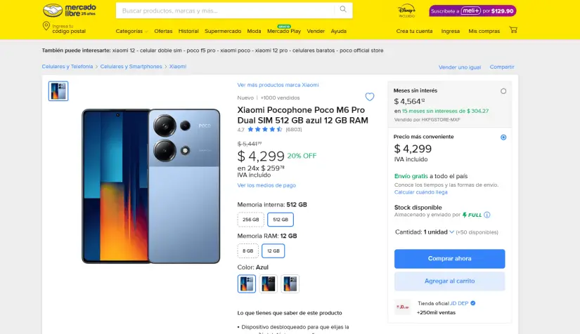 El Xiaomi Poco M6 Pro con precio de oferta en Mercado Libre.