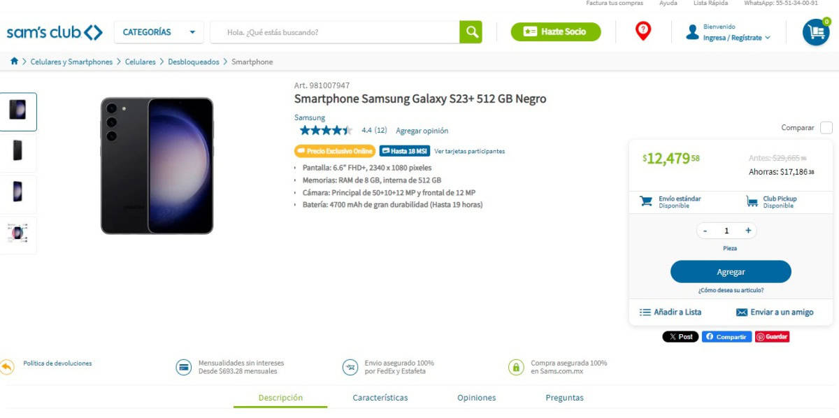 El Samsung Galaxy S23+ está con rebaja de 17 mil pesos en Sam's Club