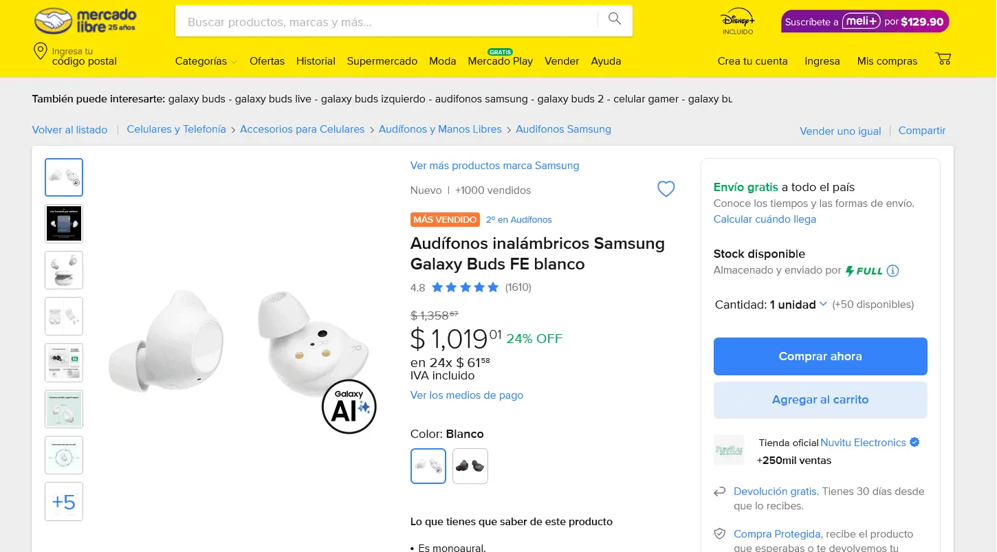 En oferta los Samsung Galaxy Buds FE en Mercado Libre.