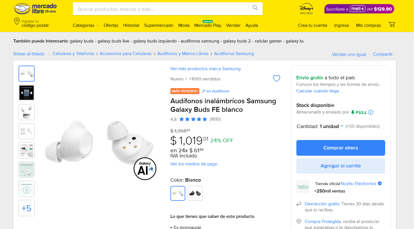 En oferta los Samsung Galaxy Buds FE en Mercado Libre.