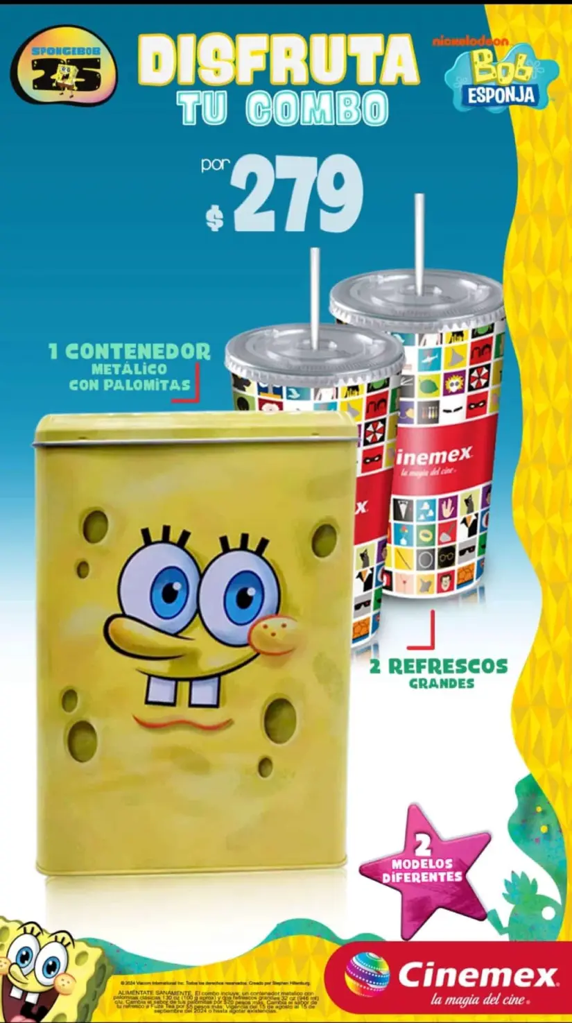 El combo de Bob Esponja de palomera que vende Cinemex en sus sucursales.