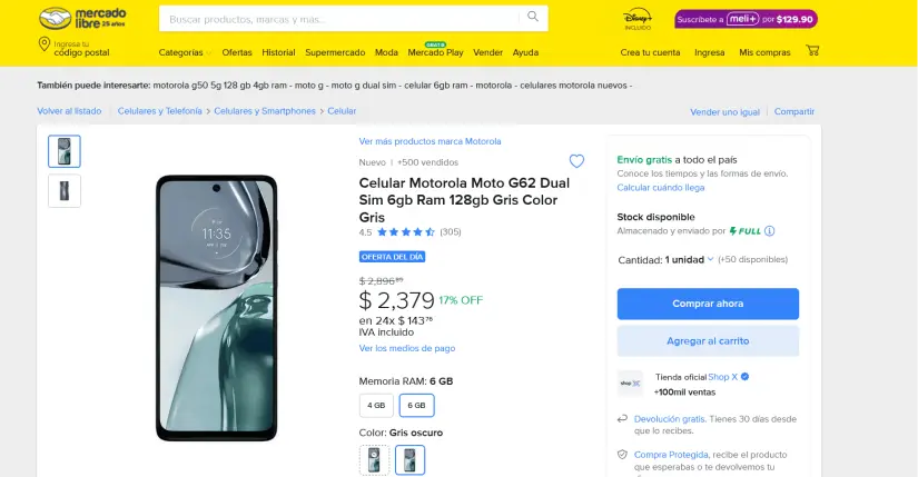 En oferta el smartphone Motorola Moto G62 en Mercado Libre