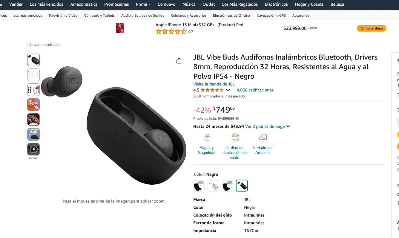 Los audífonos JBL Vibe Buds están en oferta en Amazon. Foto: Captura de pantalla