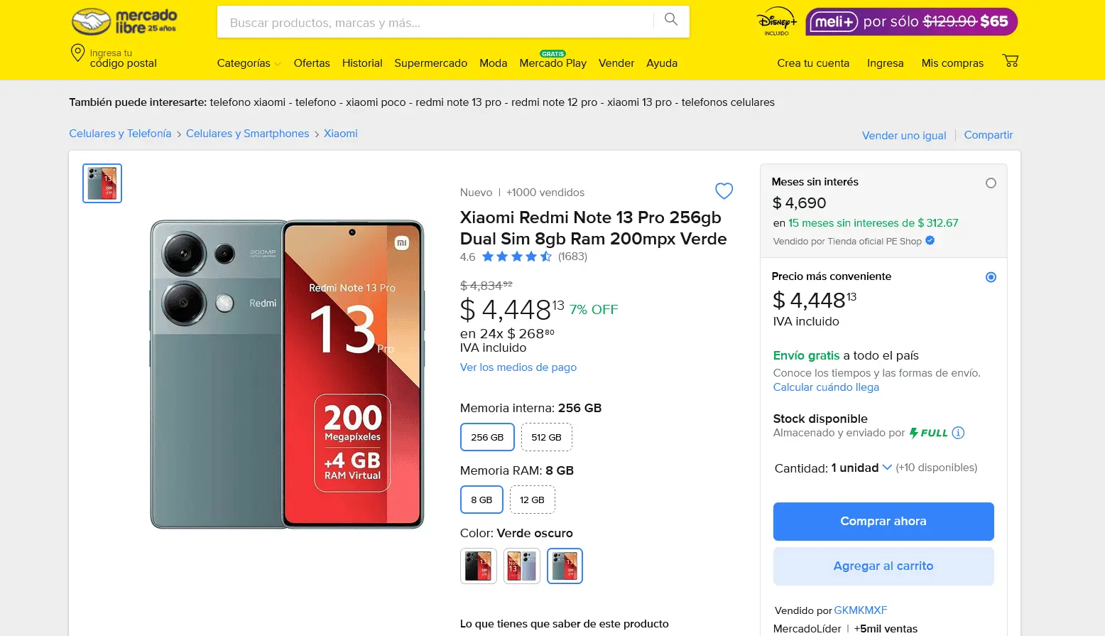 Xiaomi Redmi Note 13 Pro con descuento en Mercado Libre. Foto: Captura de pantalla