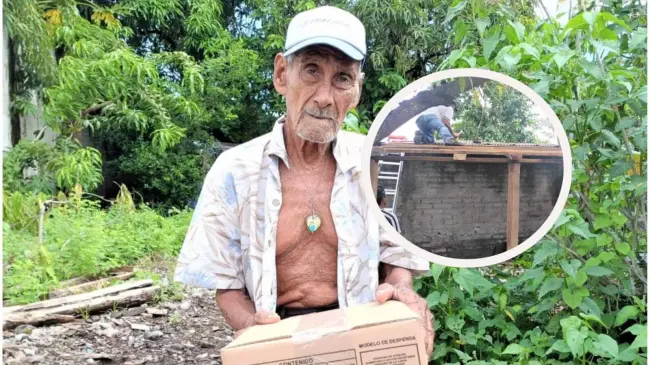 Don Ramón recibe apoyo de un cuarto de lámina en Escuinapa, en Sinaloa. Foto: Cortesía