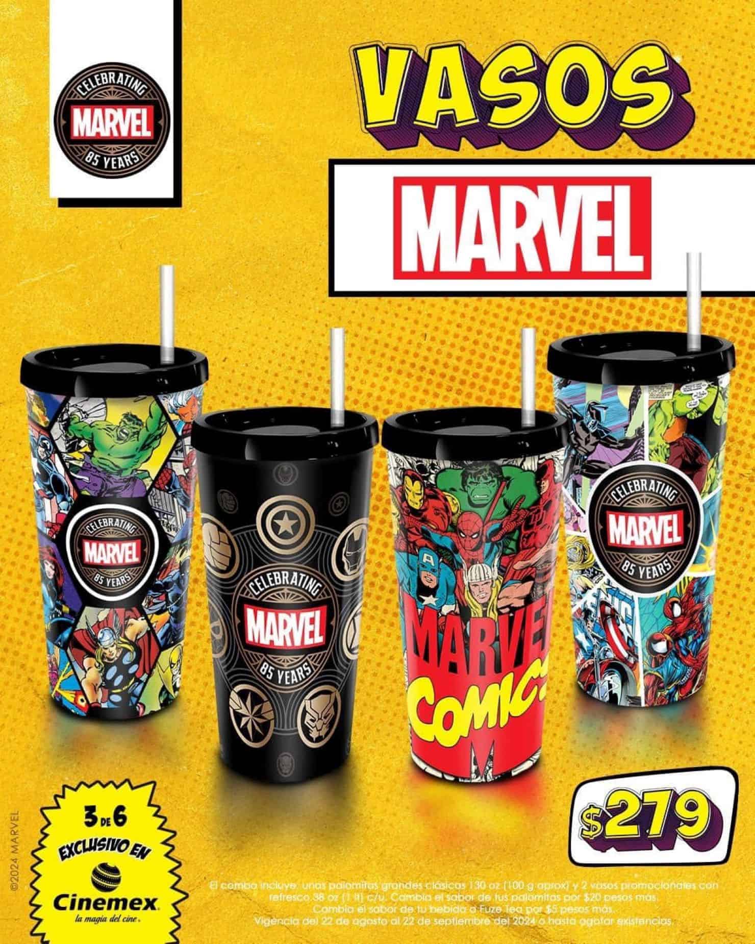 Los vasos de los combos de Marvel, que llegaron a Cinemex.