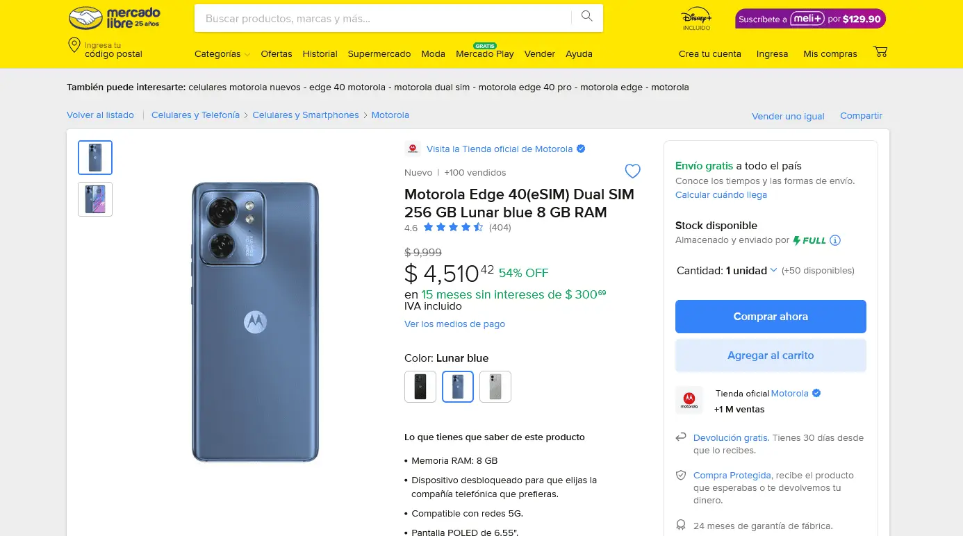 Cuánto cuesta el smartphone Motorola Edge 40 en Mercado Libre