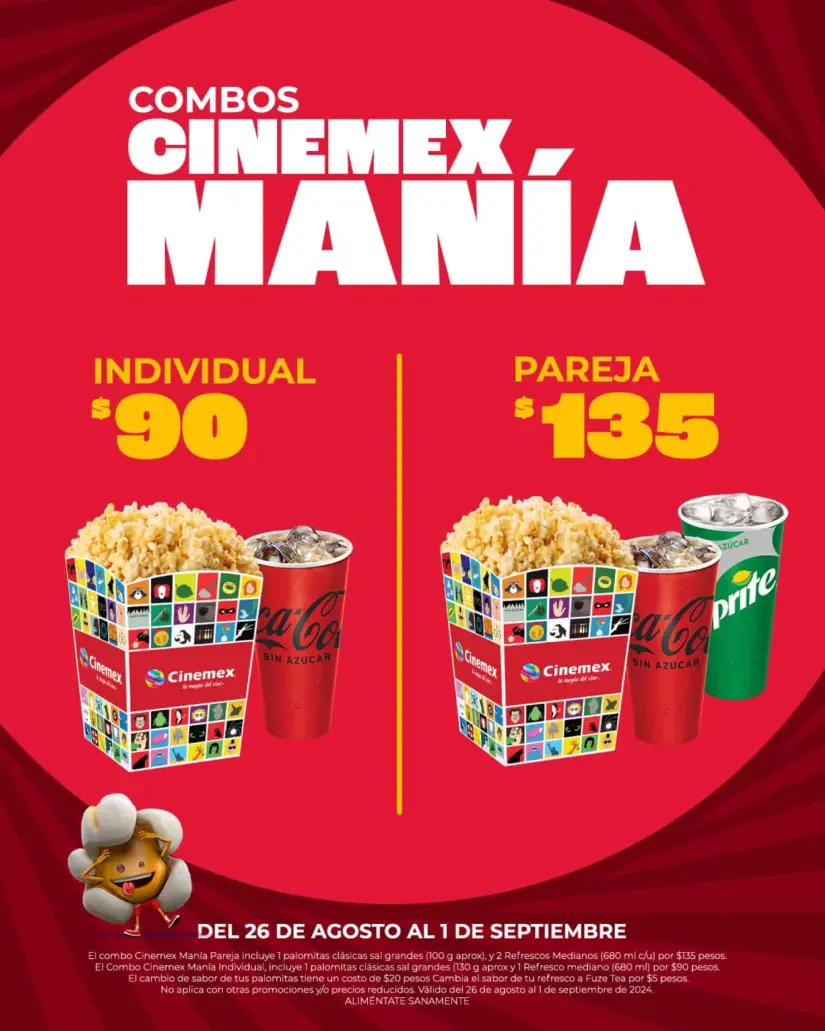 Combos con descuento Cinemex hasta el 1 de septiembre de 2024. Foto: Cortesía