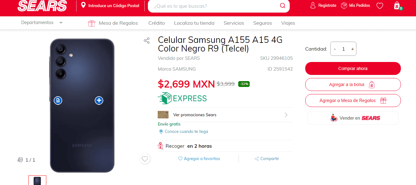 Samsung Galaxy A15 4G con 32% de descuento en Sears