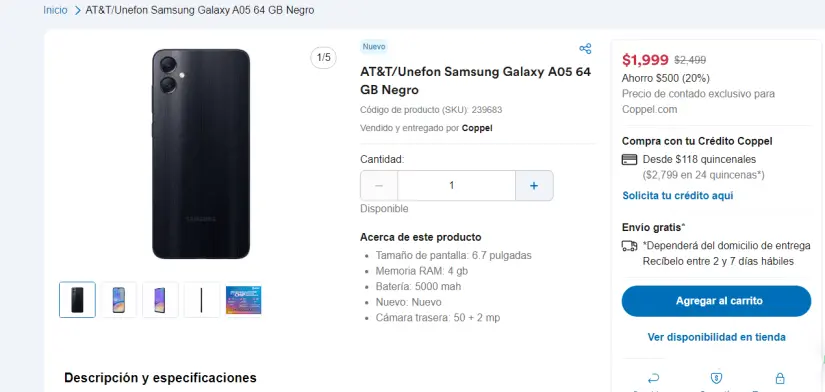 Samsung Galaxy A05 con 20% de descuento en Coppel