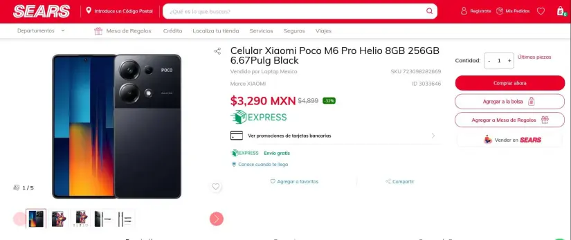 El Xiaomi Poco M6 Pro en oferta en Sears. Foto: Captura de pantalla