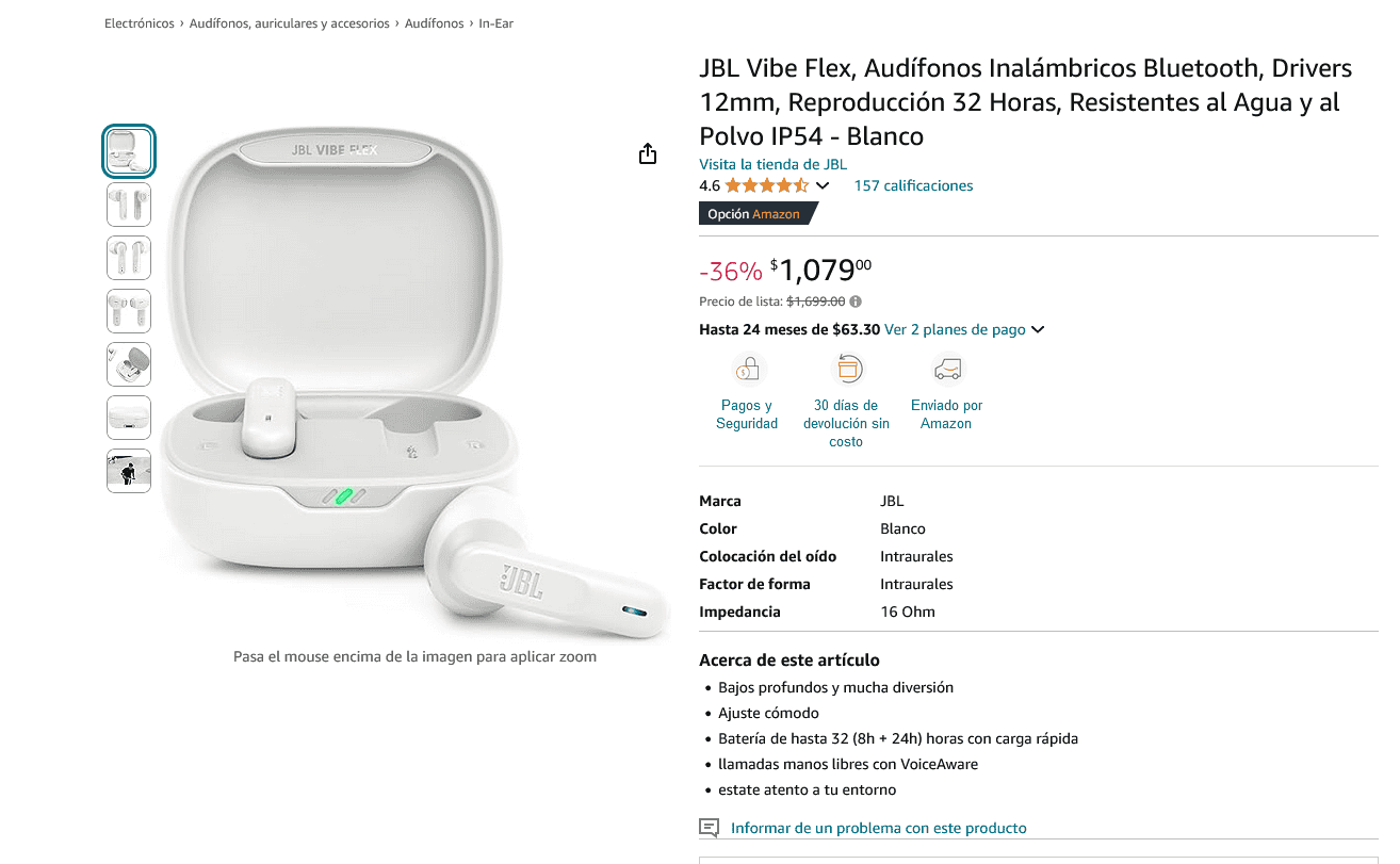 La oferta de los audífonos JBL Vibe Flex en Amazon