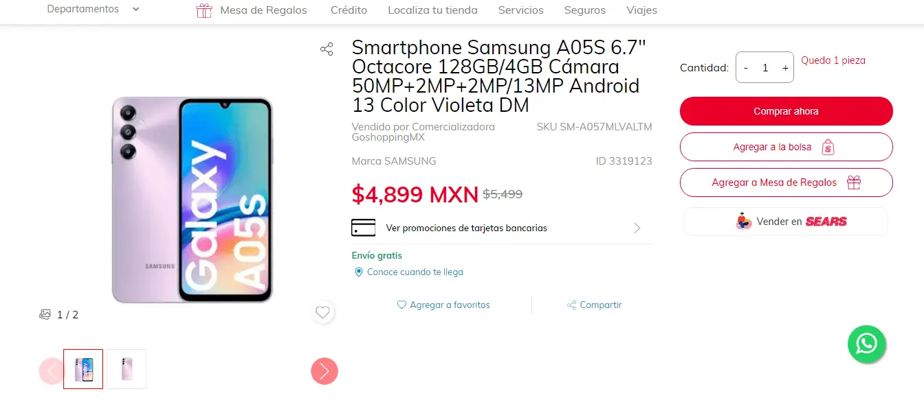 Samsung Galaxy A05S con descuento del 10% en Sears