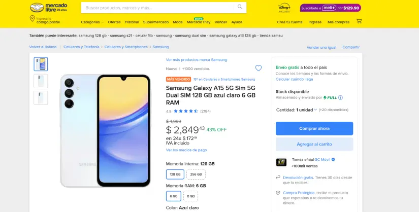 El Samsung Galaxy A15 con precio de rebaja en Mercado Libre. Foto: Captura de pantalla