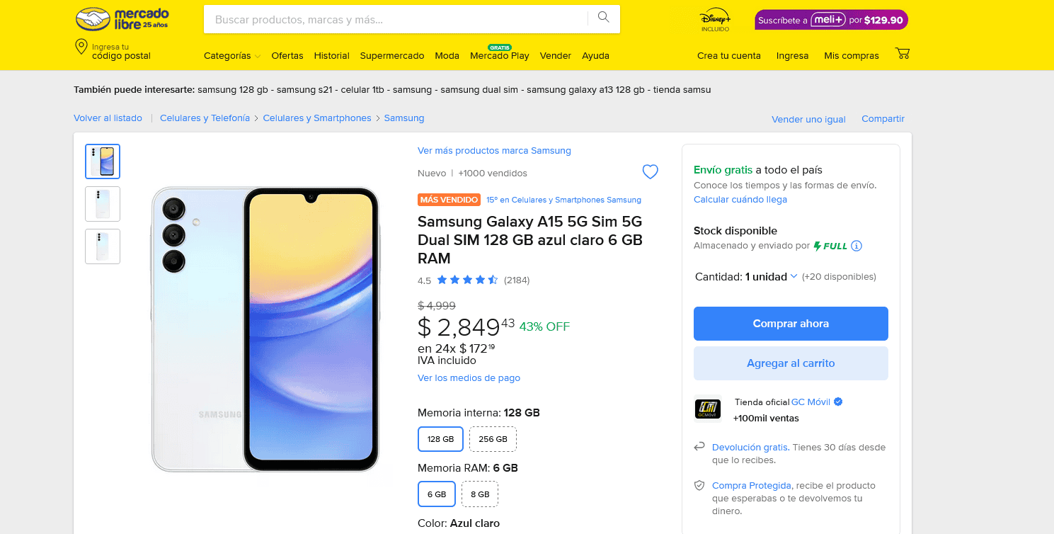 El Samsung Galaxy A15 con precio de rebaja en Mercado Libre. Foto: Captura de pantalla