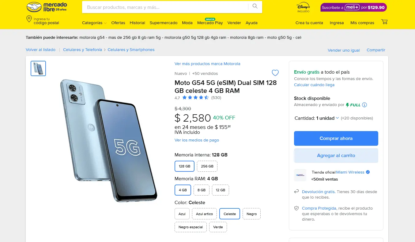 El Moto G54 en oferta en Mercado Libre. Foto: Captura de pantalla