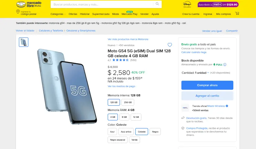 El Moto G54 en oferta en Mercado Libre. Foto: Captura de pantalla