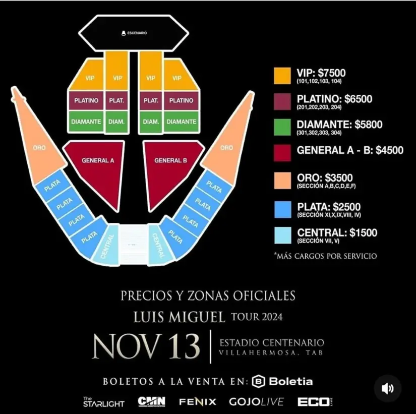 Los costos de los boletos para el concierto de Luis Miguel en Villahermosa.