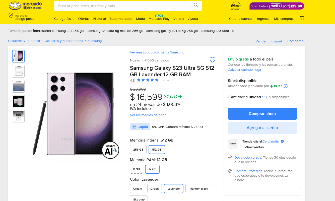 En oferta el Galaxy S23 en la plataforma de Mercado Libre. Foto: Captura de pantalla