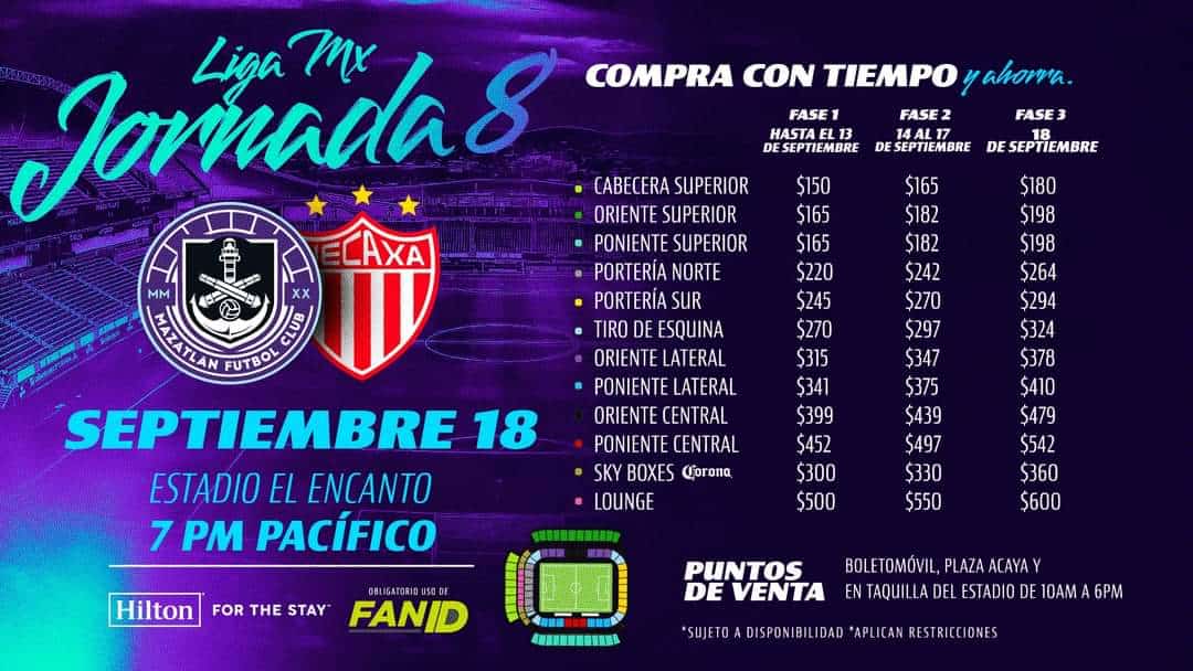 Precio por fase de boletos Mazatlán vs Necaxa |Imagen: Mazatlán FC