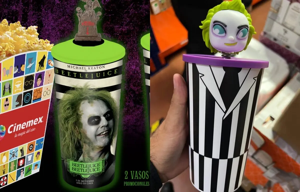 Así son los vasos coleccionables de Beetlejuice lanzados por Cinemex y Cinépolis. Fotos: Especial