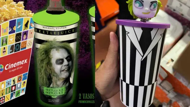Así son los vasos coleccionables de Beetlejuice lanzados por Cinemex y Cinépolis. Fotos: Especial