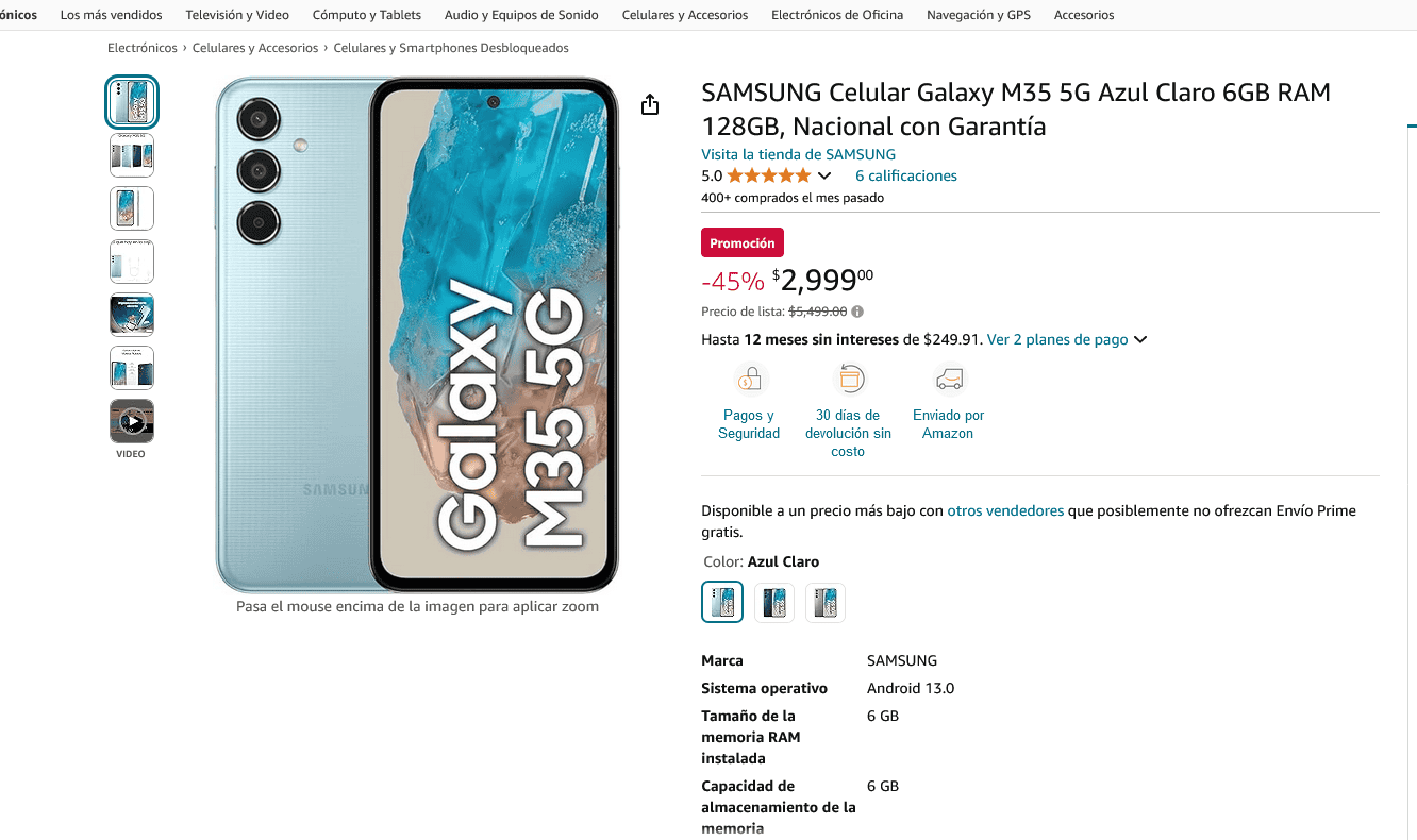 La oferta del Galaxy M35 en Amazon. Foto: Captura de pantalla