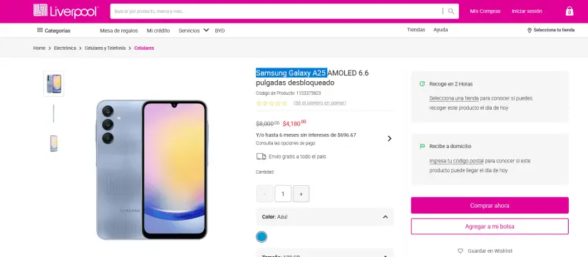 Galaxy A25 en oferta en Liverpool. Foto: Captura de pantalla