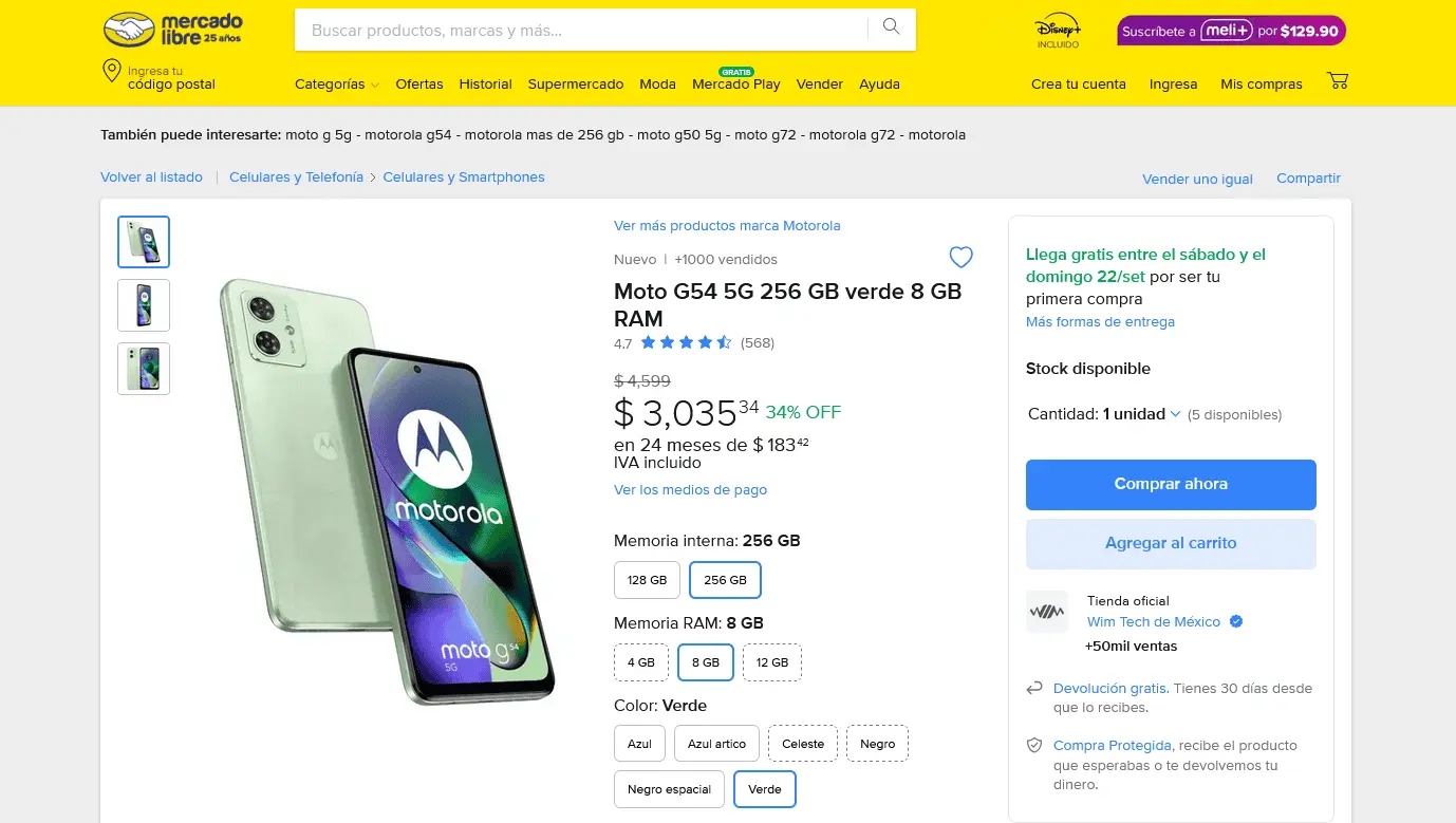  Moto G54 en oferta en Mercado Libre por tiempo limitado. Foto: Captura de pantalla