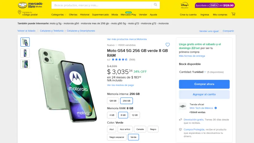  Moto G54 en oferta en Mercado Libre por tiempo limitado. Foto: Captura de pantalla