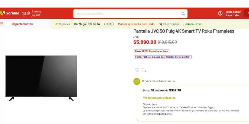 La oferta de la pantalla en Soriana. Foto: Captura de pantalla