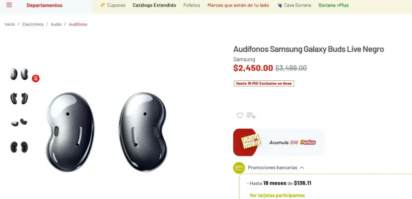 La oferta de los audífonos Galaxy Buds Live en Soriana. Foto: Captura de pantalla