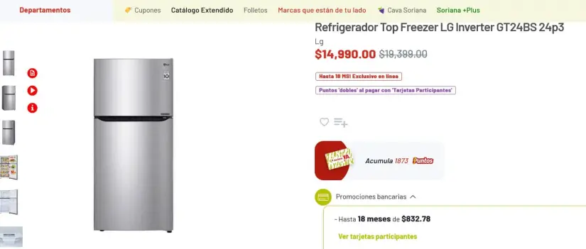 La rebaja del refrigerador LG de 24 pies en Soriana. Foto: Captura de pantalla