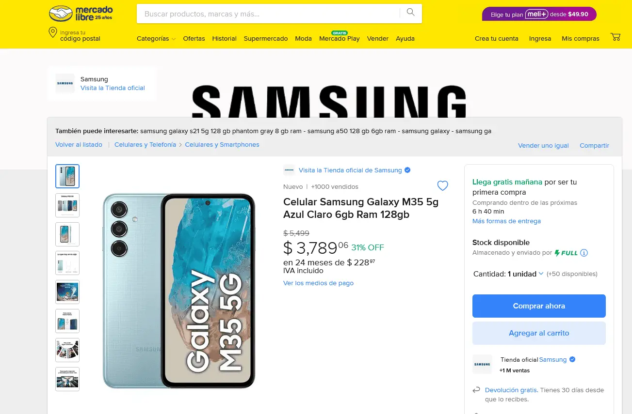 El Galaxy M35 en oferta en la plataforma de Mercado Libre. Foto: Captura de pantalla