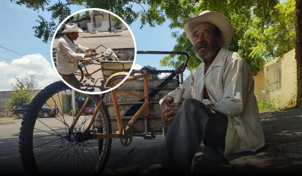 Con su triciclo como fiel compañero, Don Rogelio recorre las calles de varias colonias del sur de Culiacán.  Foto: Juan Madrigal