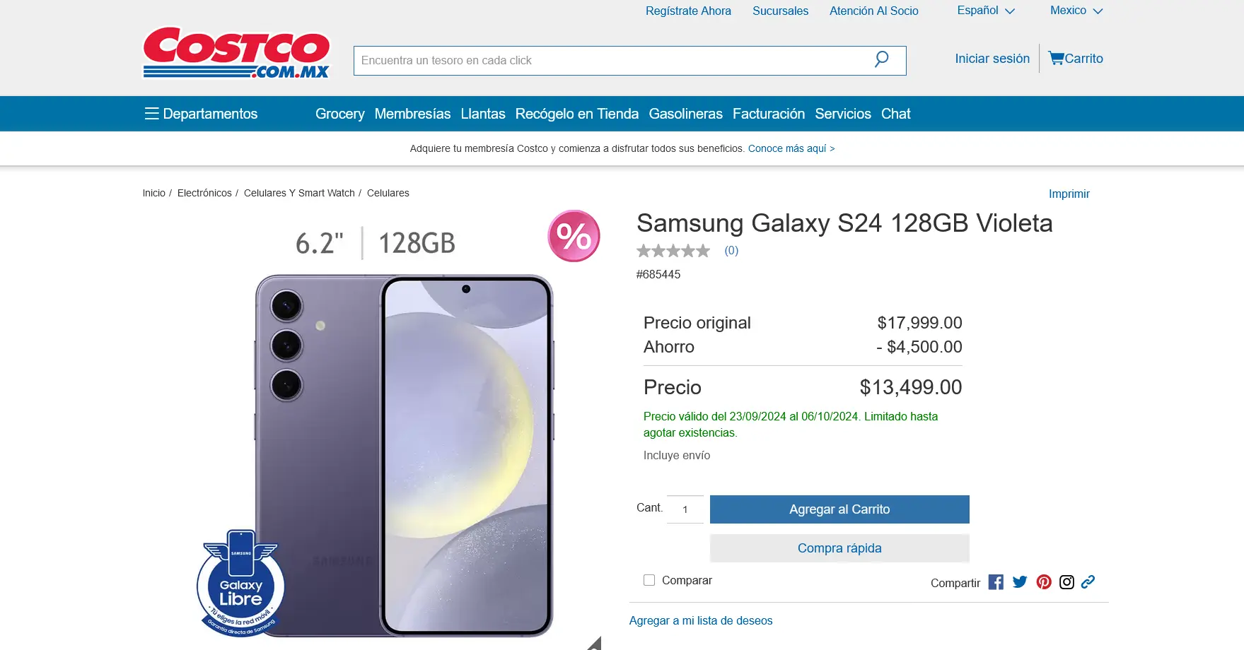  Samsung Galaxy S24 en oferta en Costo México. Foto: Captura de pantalla