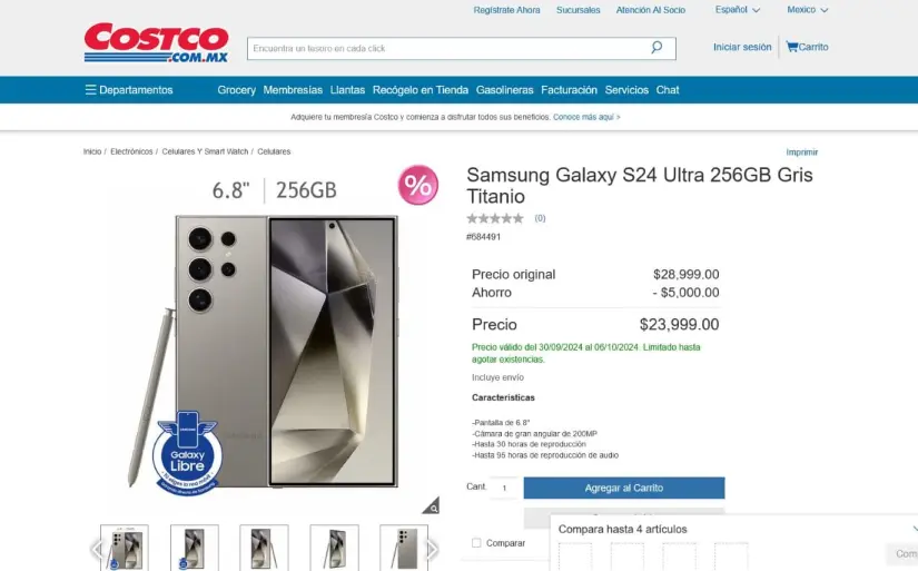 Galaxy S24 Ultra con descuento en Costco México. Foto; Captura de pantalla