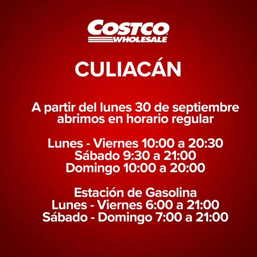 Horario de Costco a partir del 30 de septiembre para la sucursal de Culiacán. Foto: Cortesía