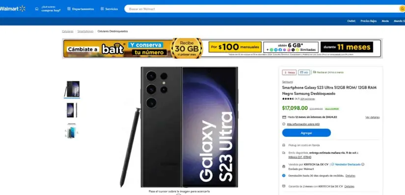 La oferta del celular Galaxy S23 Ultra en Walmart. Foto: Captura de pantalla La oferta del celular Galaxy S23 Ultra en Walmart. Foto: Captura de pantalla