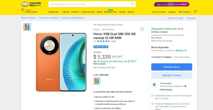 Honor X9B en oferta en Mercado Libre.