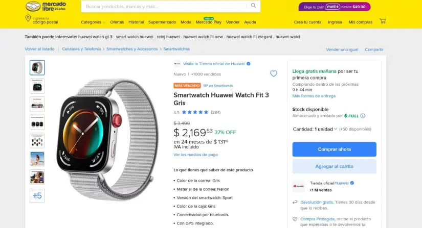 Huawei Watch Fit 3 en oferta en Mercado Libre. Foto: Captura de pantalla