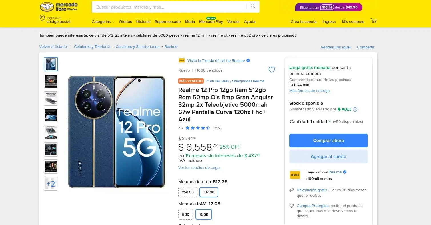 La oferta del Realme 12 Pro en Mercado Libre